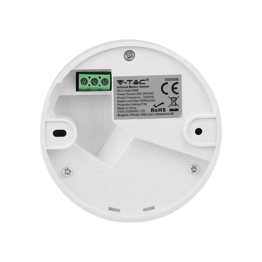 V-Tac SKU 4968 VT-8004 sensore di movimento a infrarossi. Gamma di rilevamento di 360° e distanza di rilevamento massima di 12 metri. Installazione a plafone. Colore bianco.