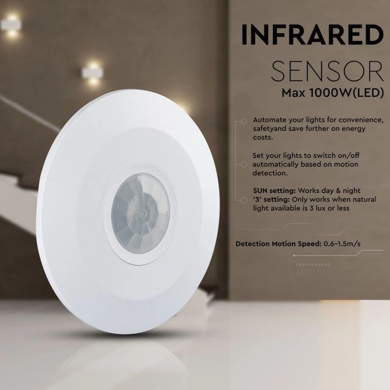V-Tac SKU 5086 VT-8027 sensore di movimento PIR a infrarossi. Installazione a plafone. Campo di rilevamento a 360 gradi e una distanza massima di 8 metri. Colore bianco.
