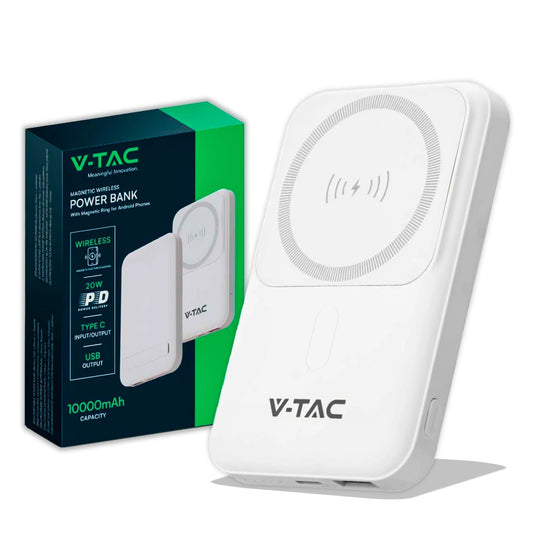 V-Tac SKU 23039 VT-3529 power bank ultra sottile. Magnetico. Con ricarica wireless. Colore bianco.