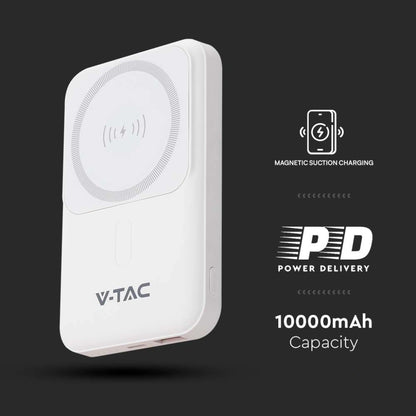 V-Tac SKU 23039 VT-3529 power bank ultra sottile. Magnetico. Con ricarica wireless. Colore bianco.