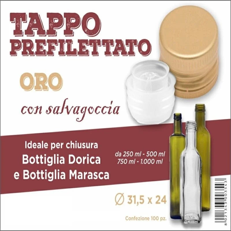100 capsule tappi prefilettati con salvagoccia colore oro nero verde mm 31,5 x 24