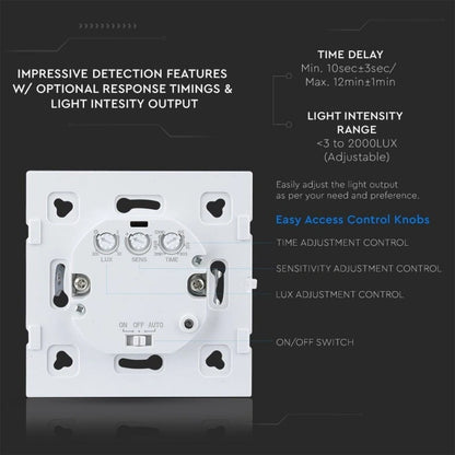V-Tac 15021 VT-8084 sensore di movimento a microonde con rilevamento a 180°. Carico massimo: 300 Watt. Regolazione tempo e sensibilità. Colore bianco. IP20. Per abitazioni, uffici e attività commerciali.