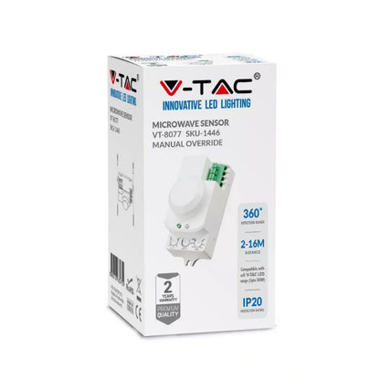 V-Tac SKU 1446 VT-8077 sensore di movimento a microonde. Angolo di rilevamento di&nbsp;360°&nbsp;e una&nbsp;distanza&nbsp;di&nbsp;rilevamento regolabile&nbsp;da 1 a 8 metri. A plafone. Colore bianco.