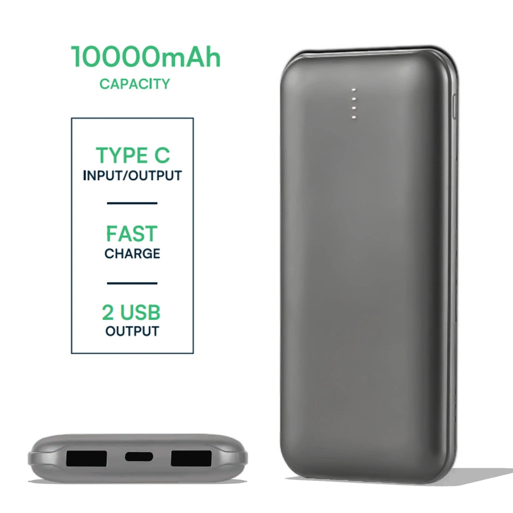 V-Tac SKU 23037 VT-3527 power bank slim per tablet e smartphone. 10000 mAh. Carica veloce. 10 Watt. Con dual Usb e type C. Colore grigio.