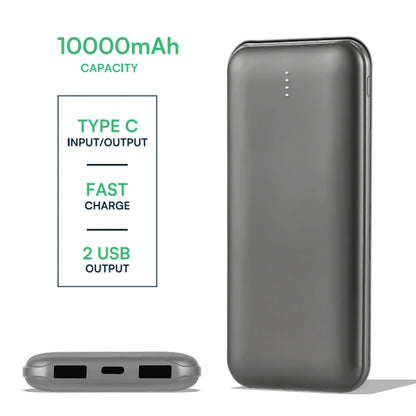 V-Tac SKU 23037 VT-3527 power bank slim per tablet e smartphone. 10000 mAh. Carica veloce. 10 Watt. Con dual Usb e type C. Colore grigio.