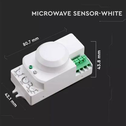 V-Tac SKU 1446 VT-8077 sensore di movimento a microonde. Angolo di rilevamento di&nbsp;360°&nbsp;e una&nbsp;distanza&nbsp;di&nbsp;rilevamento regolabile&nbsp;da 1 a 8 metri. A plafone. Colore bianco.