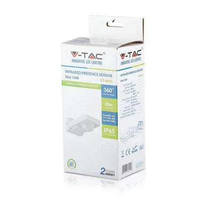 V-Tac SKU 1500 VT-8083-W sensore di movimento a infrarossi. Angolazione regolabile. Rilevamento a 360 gradi. Installazione a superficie. Colore bianco.