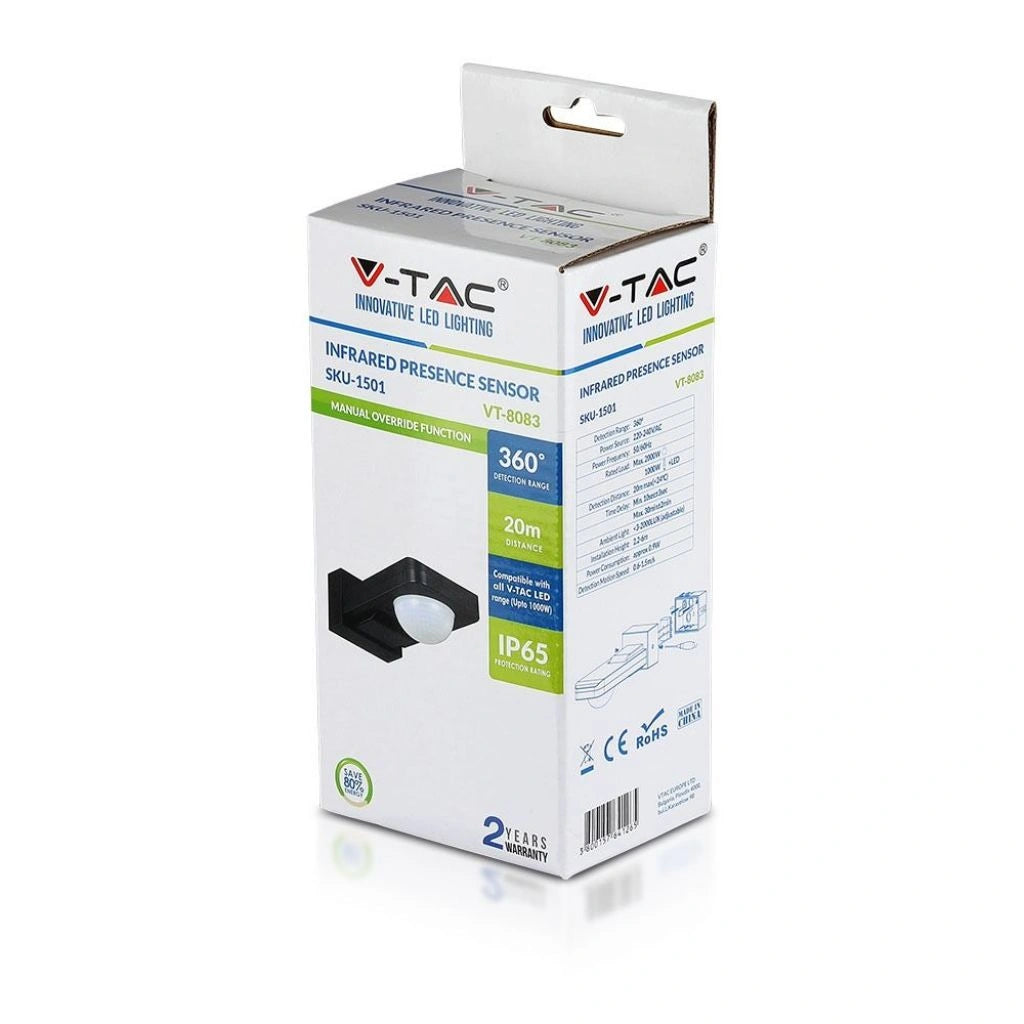 V-Tac SKU 15011 VT-8083 sensore di movimento a infrarossi. Angolazione regolabile. Rilevamento a 360°. Installazione a superficie. Colore nero.