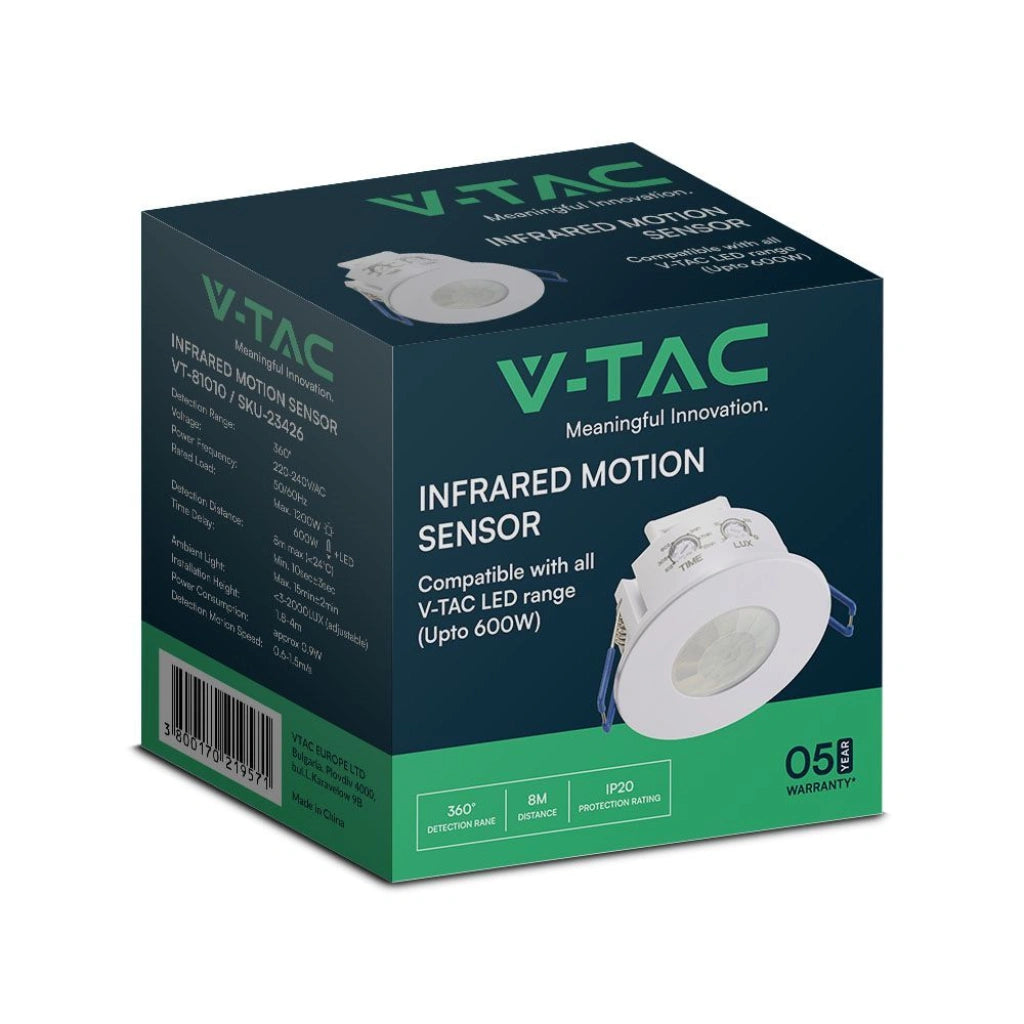 V-Tac SKU 23426 VT-81010 sensore di movimento Pir Cob a infrarossi. Orientabile. Montaggio a incasso. Colore bianco.