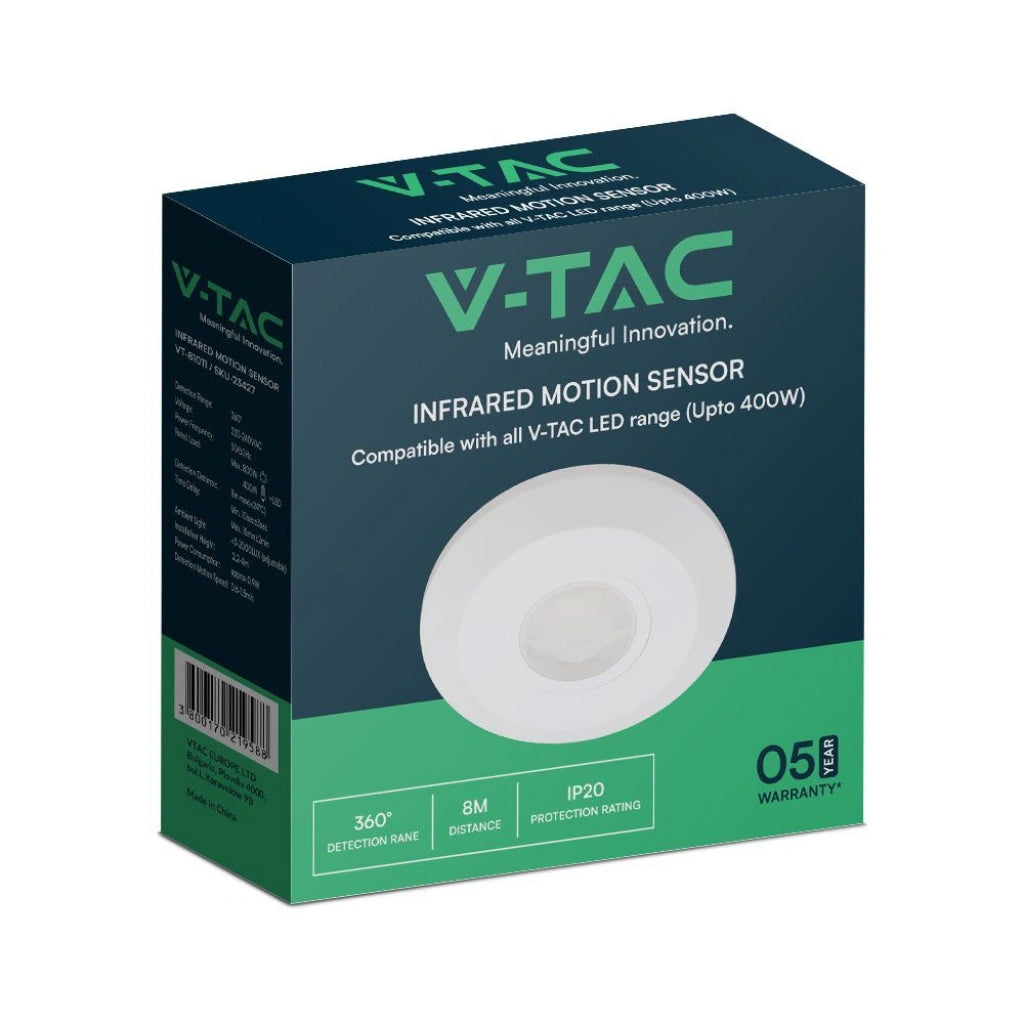 V-Tac SKU 23427 VT-81011 sensore di movimento PIR a infrarossi. Capacità di rilevamento a 360° e distanza massima di rilevamento&nbsp;è di&nbsp;8 metri. A plafone. Bianco.