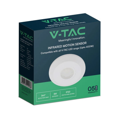 V-Tac SKU 23427 VT-81011 sensore di movimento PIR a infrarossi. Capacità di rilevamento a 360° e distanza massima di rilevamento&nbsp;è di&nbsp;8 metri. A plafone. Bianco.