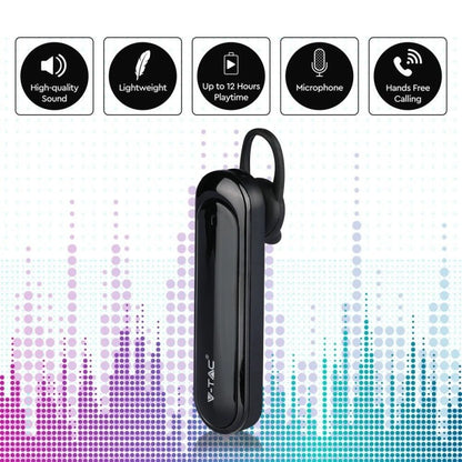 V-Tac SKU 7702 VT-6800 auricolare bluetooth. 170mAh. Colore nero. Autonomia: 12 ore. Tempo di ricarica: 1/2 ore. Ideale per chi è alla guida per telefonare con le mani libere e per ascoltare musica o per chi è al computer.