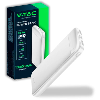 V-Tac SKU 7834 VT-10005-W power bank per smartphone. 10000 mAh. Con ricarica rapida. Ingresso/uscita Usb type C. Rettangolare. In alluminio.