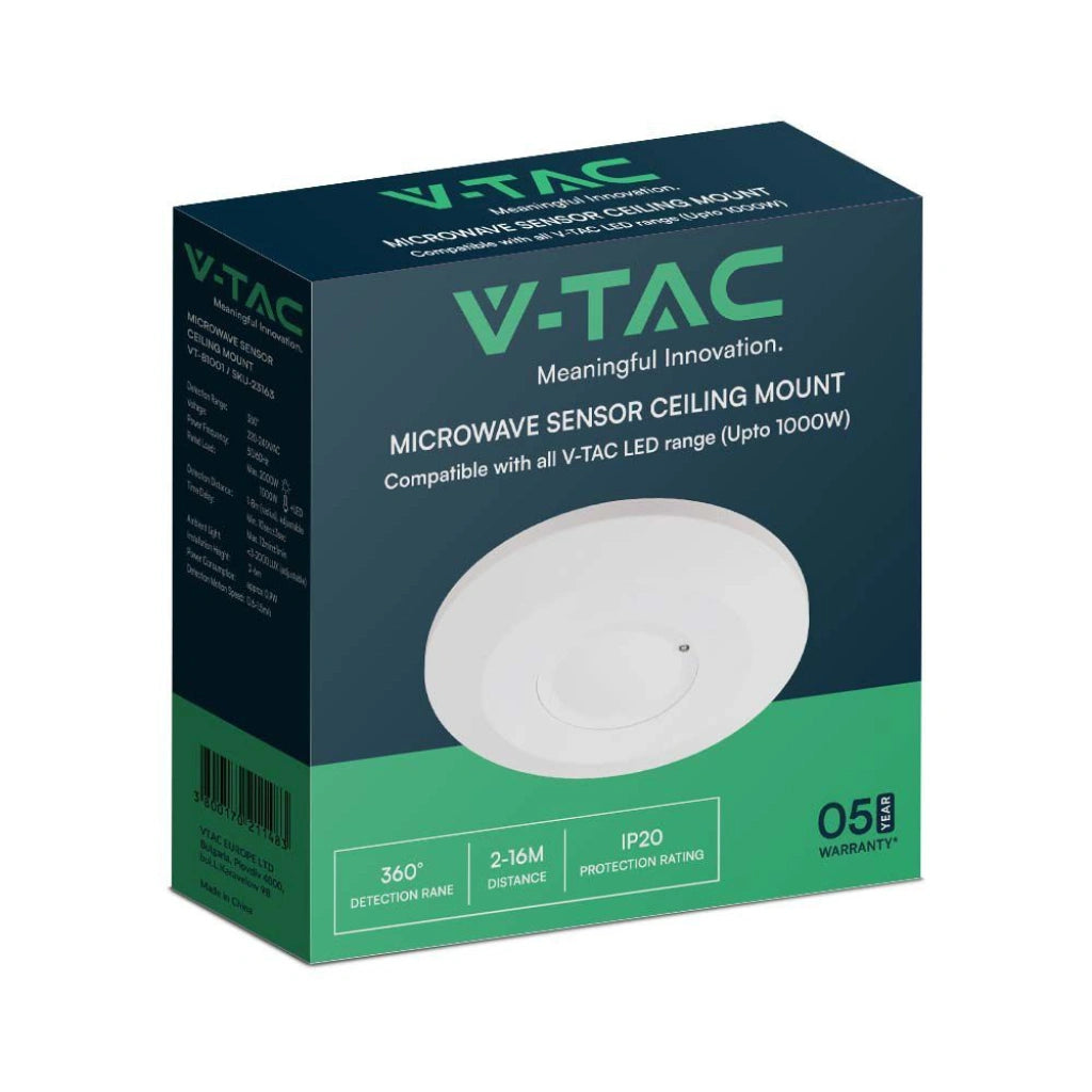 V-Tac SKU 23163 VT-81001 sensore di movimento a microonde. Rilevamento a 360 gradi. Montaggio a plafone. Colore bianco.