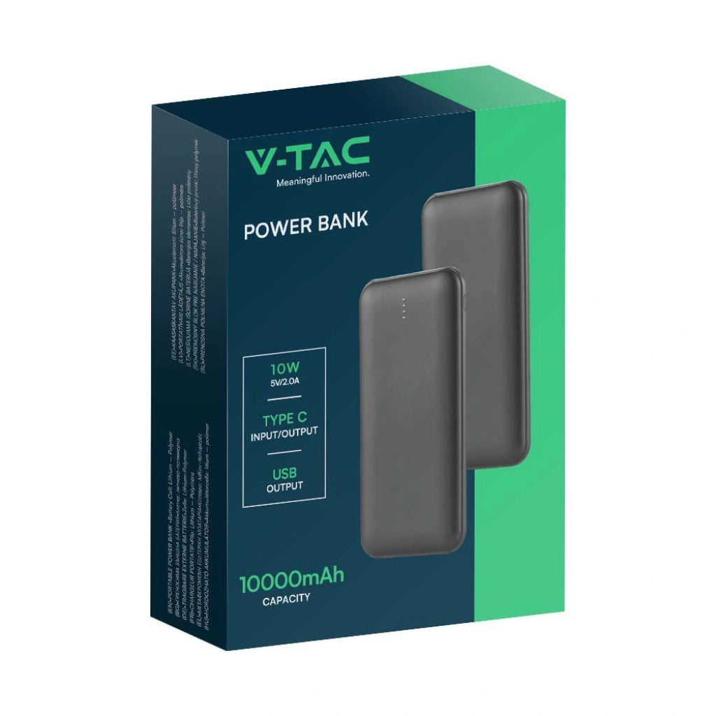 V-Tac SKU 23037 VT-3527 power bank slim per tablet e smartphone. 10000 mAh. Carica veloce. 10 Watt. Con dual Usb e type C. Colore nero.