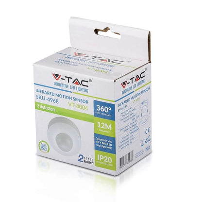 V-Tac SKU 4968 VT-8004 sensore di movimento a infrarossi. Gamma di rilevamento&nbsp;di 360° e distanza di rilevamento massima di 12 metri. Installazione a plafone. Colore bianco.