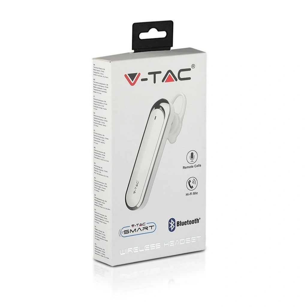 V-Tac SKU 7703 VT-6800 auricolare bluetooth. 170mAh. Colore bianco. Autonomia: 12 ore. Tempo di ricarica: 1/2 ore.