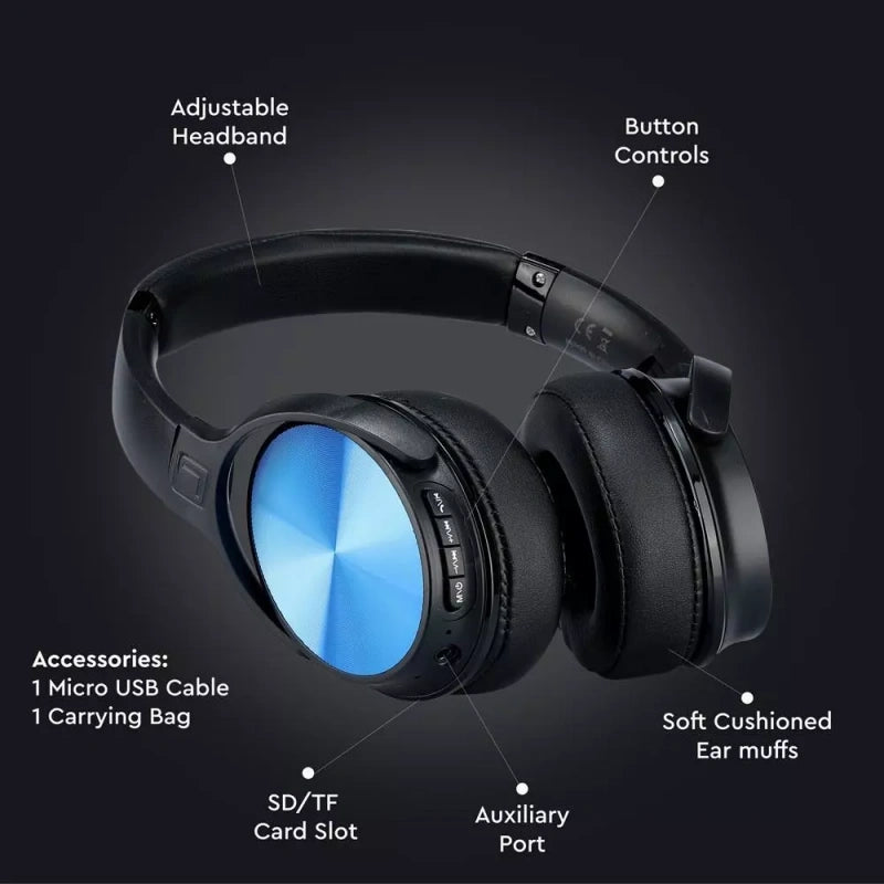 V-Tac SKU 7728 VT-6322-R cuffie senza fili per ascoltare musica. Bluetooth. Testa rotante. Colore blu. Con custodia. Controlla musica e media sul tuo smartphone. Suono di alta qualità. Connettività fino a 10 metri. Autonomia di 12 ore. Per ascoltare musica e telefonare con le mani libere. Microfono integrato. Tasti per il controllo. Micro cavo USB incluso. Slot per scheda SD/TF. Porta ausiliaria.