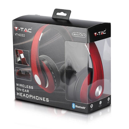 V-Tac SKU 7732 cuffie per ascoltare musica senza fili bluetooth. Con testa regolabile. Colore rosso. Con custodia. Autonomia di 12 ore. Tempo di ricarica: 2/3 ore. Micro cavo USB incluso. Tasti di controllo. Porta ausiliaria. Slot per scheda SD/TF. Suono di alta qualità. Connettività fino a 10 metri. Compatibile con smartphone, tablet e altri dispositivi. Microfono integrato. Telefonate con mani libere.