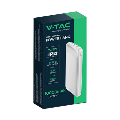 V-Tac SKU 7834 VT-10005-W power bank per smartphone. 10000 mAh. Con ricarica rapida. Ingresso/uscita Usb type C. Rettangolare. In alluminio.