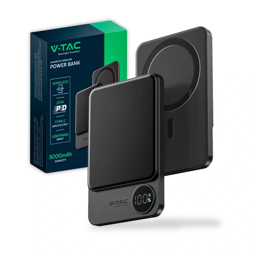 V-Tac SKU 7850 VT-50005-SG power bank per smartphone e tablet. 5000 mAh. Ultra sottile. In lega di alluminio. Magnetico. Con display. Ricarica wireless. Colore grigio.