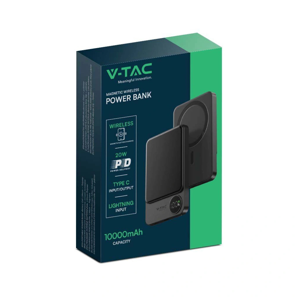 V-Tac 7849 VT-100011-SG power bank per smartphone e tablet. Magsafe. Ultra sottile. In lega di alluminio. Magnetico. Con display. Ricarica wireless. Colore grigio.