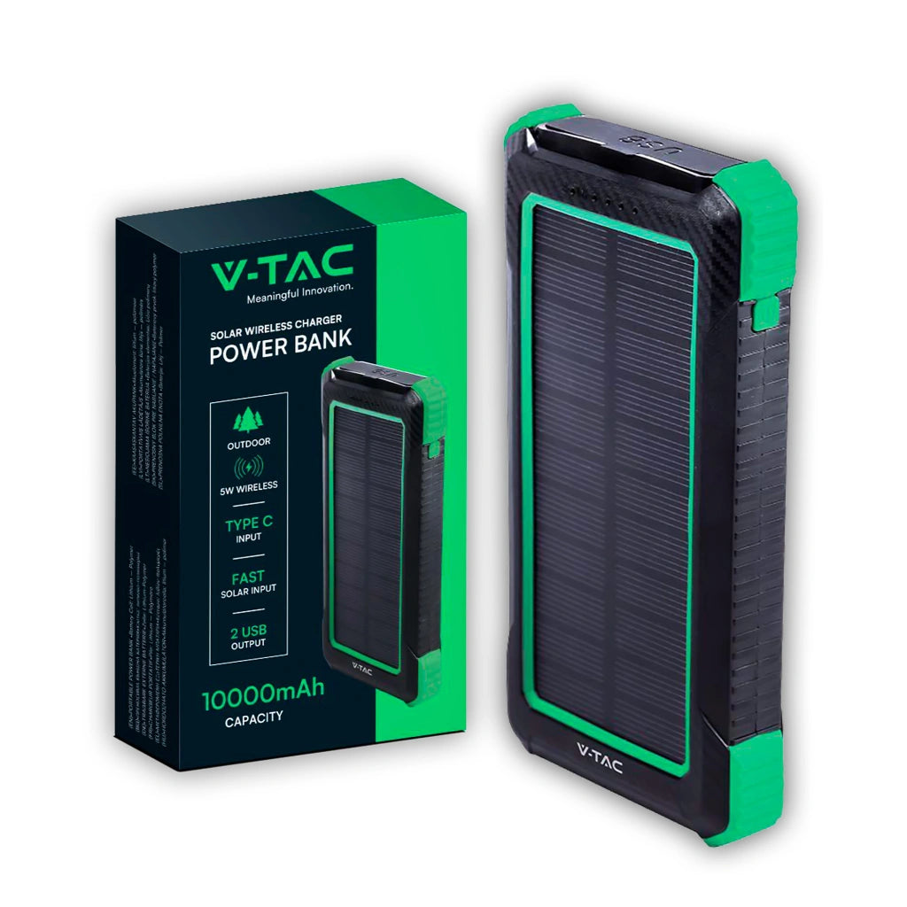 V-Tac 7835 VT-11111 power bank per smartphone e tablet. 10000 mAh. Con pannello solare. Ricarica wireless. In alluminio. Rettangolare. Colore nero.