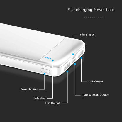 V-Tac SKU 7834 VT-10005-W power bank per smartphone. 10000 mAh. Con ricarica rapida. Ingresso/uscita Usb type C. Rettangolare. In alluminio.