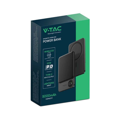 V-Tac SKU 7850 VT-50005-SG power bank per smartphone e tablet. 5000 mAh. Ultra sottile. In lega di alluminio. Magnetico. Con display. Ricarica wireless. Colore grigio.