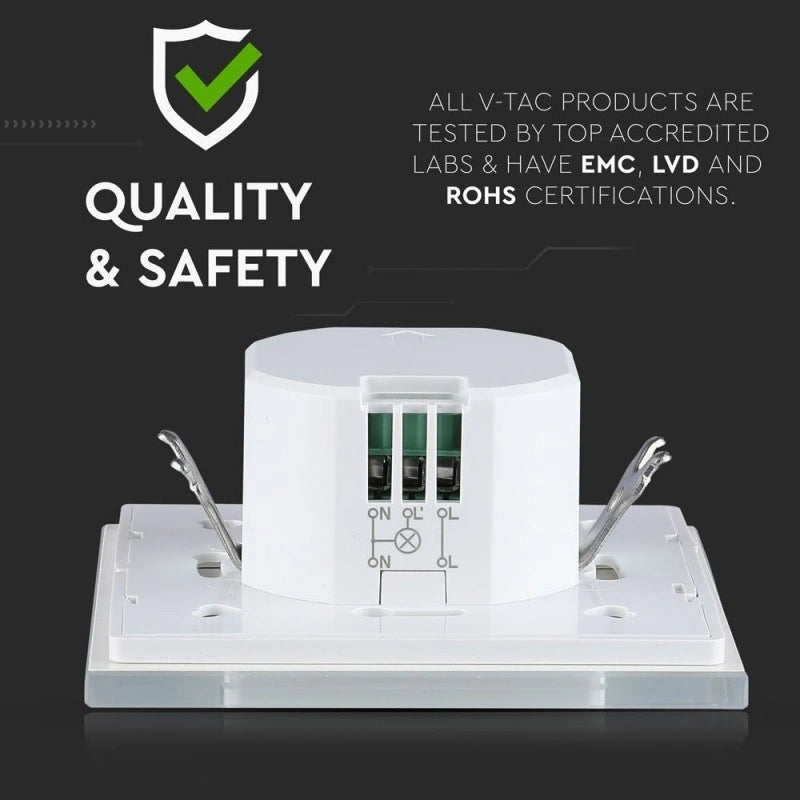 V-Tac 15021 VT-8084 sensore di movimento a microonde con rilevamento a 180°. Carico massimo: 300 Watt. Regolazione tempo e sensibilità. Colore bianco. IP20. Per abitazioni, uffici e attività commerciali.