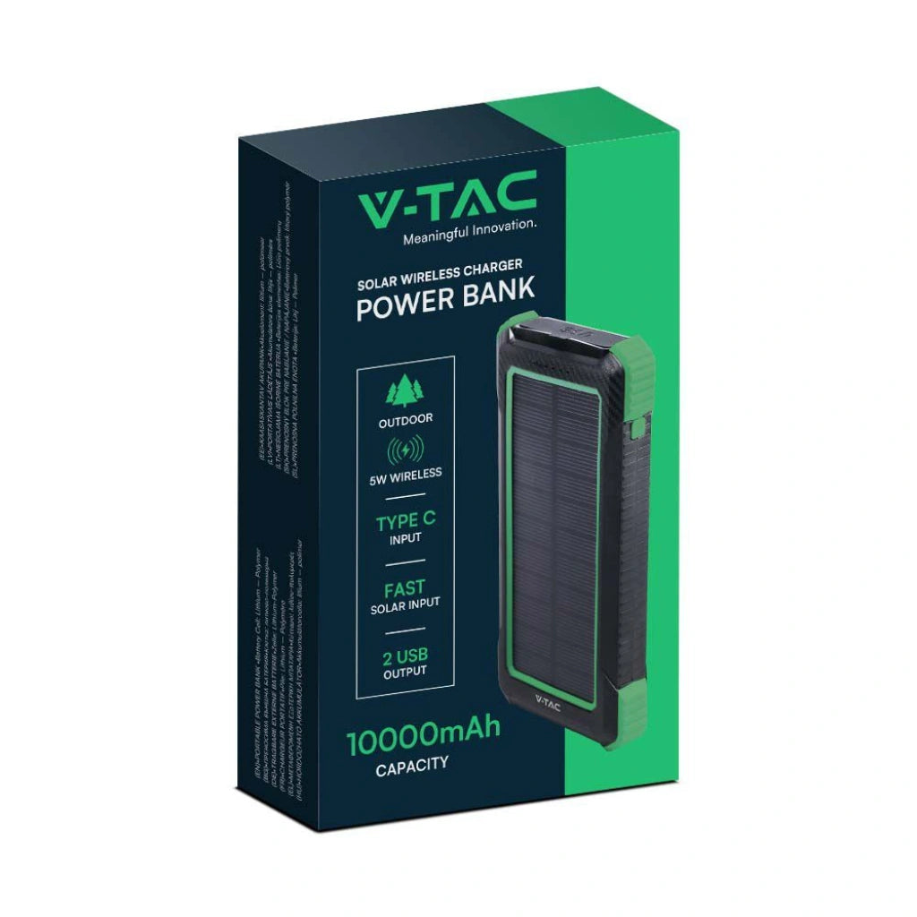 V-Tac 7835 VT-11111 power bank per smartphone e tablet. 10000 mAh. Con pannello solare. Ricarica wireless. In alluminio. Rettangolare. Colore nero.