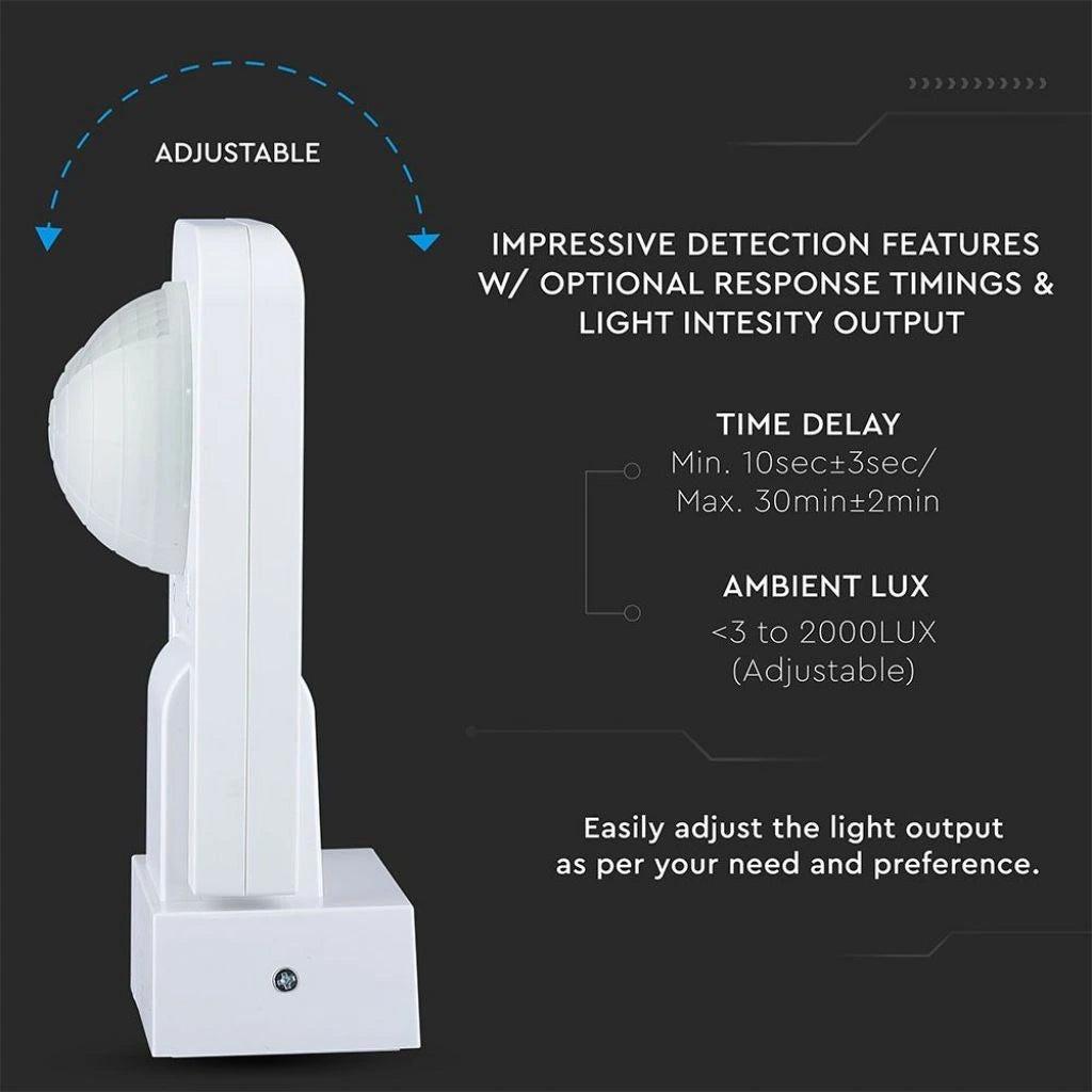 V-Tac SKU 1500 VT-8083-W sensore di movimento a infrarossi. Angolazione regolabile. Rilevamento a 360 gradi. Installazione a superficie. Colore bianco.