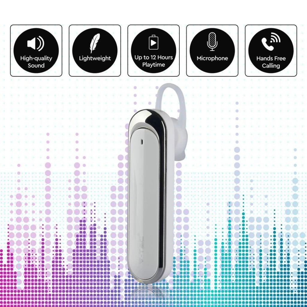 V-Tac SKU 7703 VT-6800 auricolare bluetooth. 170mAh. Colore bianco. Autonomia: 12 ore. Tempo di ricarica: 1/2 ore.