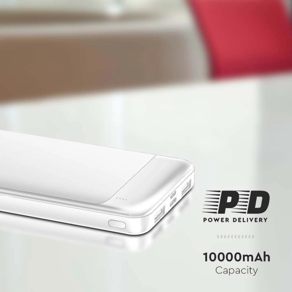 V-Tac SKU 7834 VT-10005-W power bank per smartphone. 10000 mAh. Con ricarica rapida. Ingresso/uscita Usb type C. Rettangolare. In alluminio.