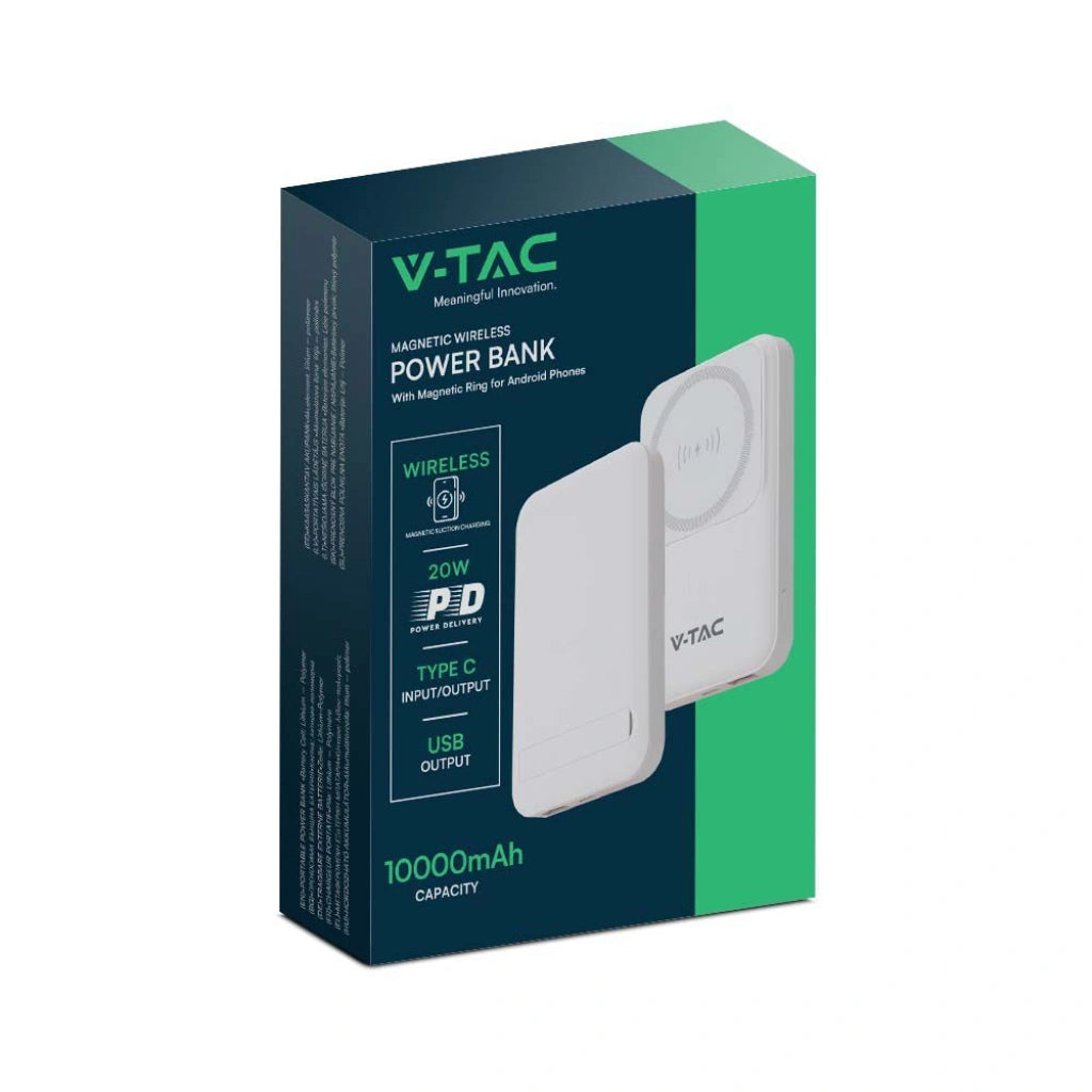 V-Tac SKU 23039 VT-3529 power bank ultra sottile. Magnetico. Con ricarica wireless. Colore bianco. 