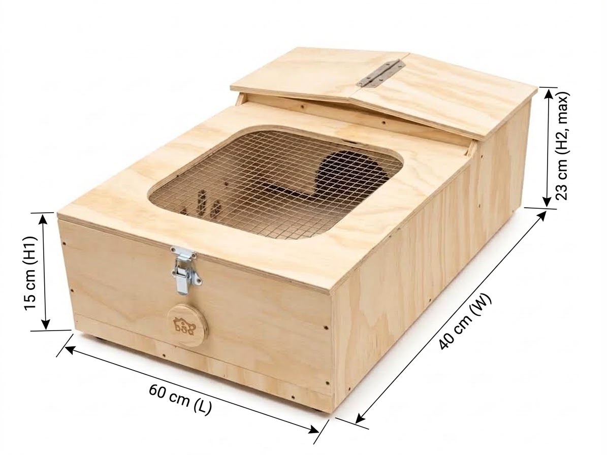Casetta in legno per tartarughe di terra. Terrario per rettili, anfibi, serpenti. Dimensioni cm 60 x 40 x h 23