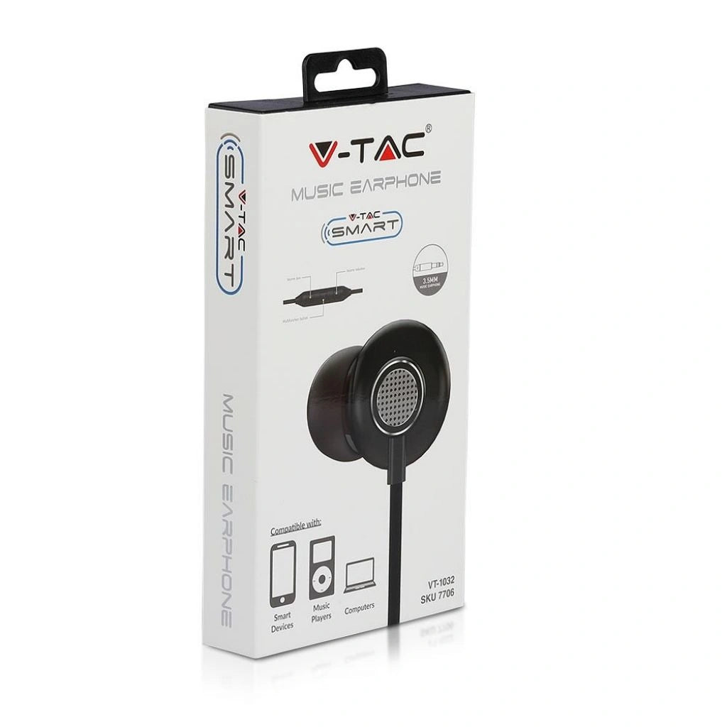 V-Tac SKU 7706 VT-1032 auricolari con cavo jack 3.5. Colore grigio. Lunghezza cavo: 120 cm. Ideali per chi fa sport in movimento. Compatibili con smartphone, tablet, laptop, pc. Per rispondere alle telefonate. Controlli per la musica. Regolazione del volume.