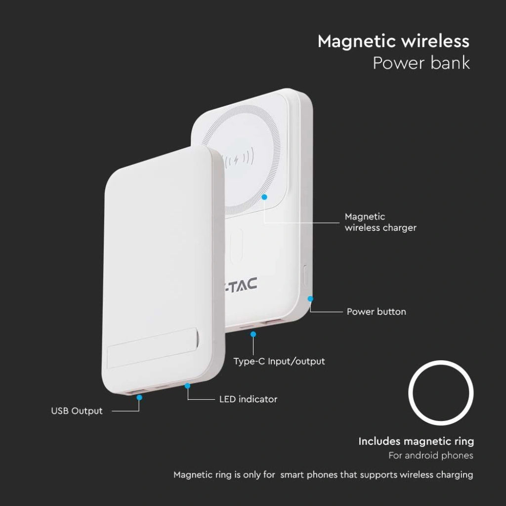 V-Tac SKU 23039 VT-3529 power bank ultra sottile. Magnetico. Con ricarica wireless. Colore bianco.