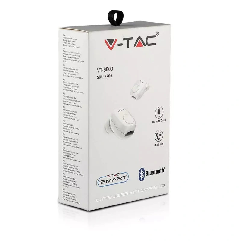 V-Tac SKU 7705 VT-6500 auricolare bluetooth. Colore bianco. 55 mAh. Autonomia 3 ore. Leggera. Con microfono integrato. Per telefonare, anche alla guida, con le mani libere. Suono digitale di alta qualità. Amplificatore stereo. Compatibile con tutti i dispositivi bluetooth. Ideale per chi fa sport in movimento.