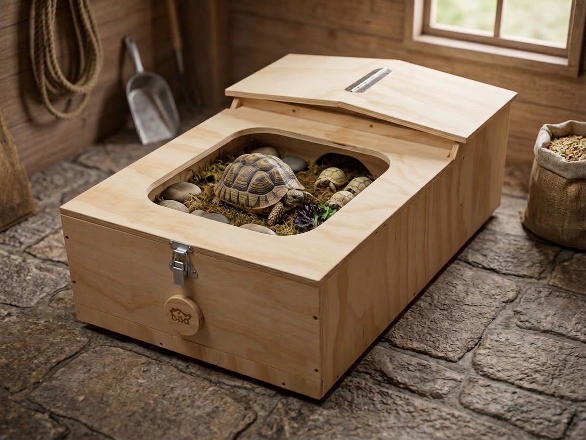 Casetta in legno per tartarughe di terra. Terrario per rettili, anfibi, serpenti. Dimensioni cm 60 x 40 x h 23