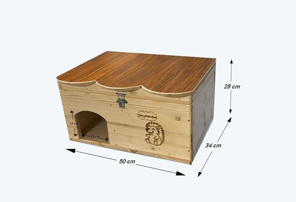 Casetta in legno per ricci e roditori. Dimensioni: cm 50 x 38 x h 28. Tana per letargo invernale. Con tetto apribile. In legno di abete. Casa per porcospini