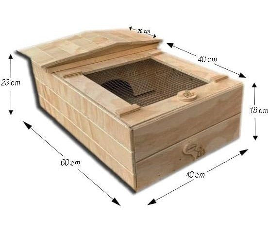 Terrario casetta per tartarughe di terra in legno con tetto spiovente cm 60 x 40 x altezza 23 cm