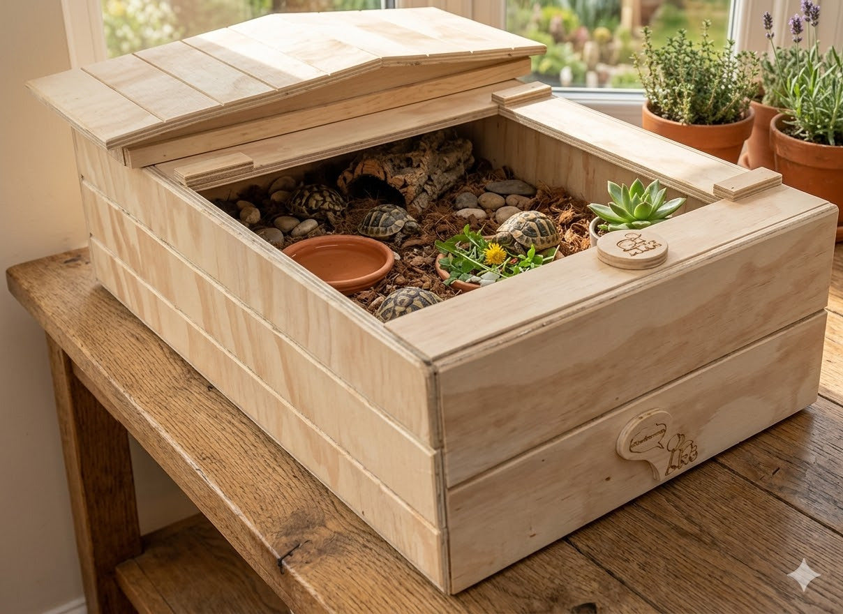 Terrario casetta per tartarughe di terra in legno con tetto spiovente cm 60 x 40 x altezza 23 cm