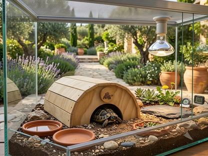 Casetta terrario per tartarughe di terra, anfibi, serpenti, rettili. In legno, di colore legno chiaro. Senza pavimento, a forma di cupola
