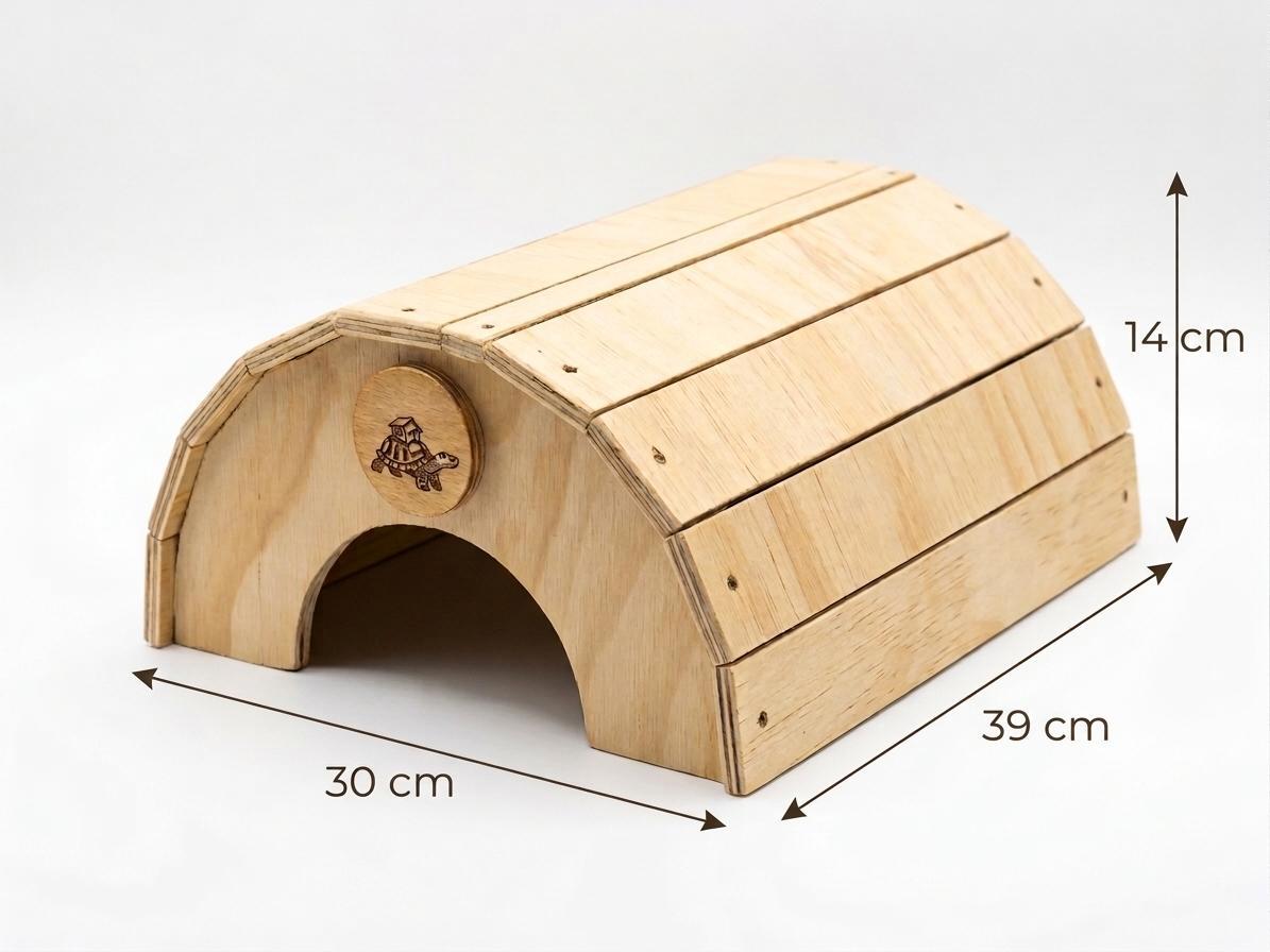 Casetta terrario per tartarughe di terra, anfibi, serpenti, rettili. In legno, di colore legno chiaro. Senza pavimento, a forma di cupola
