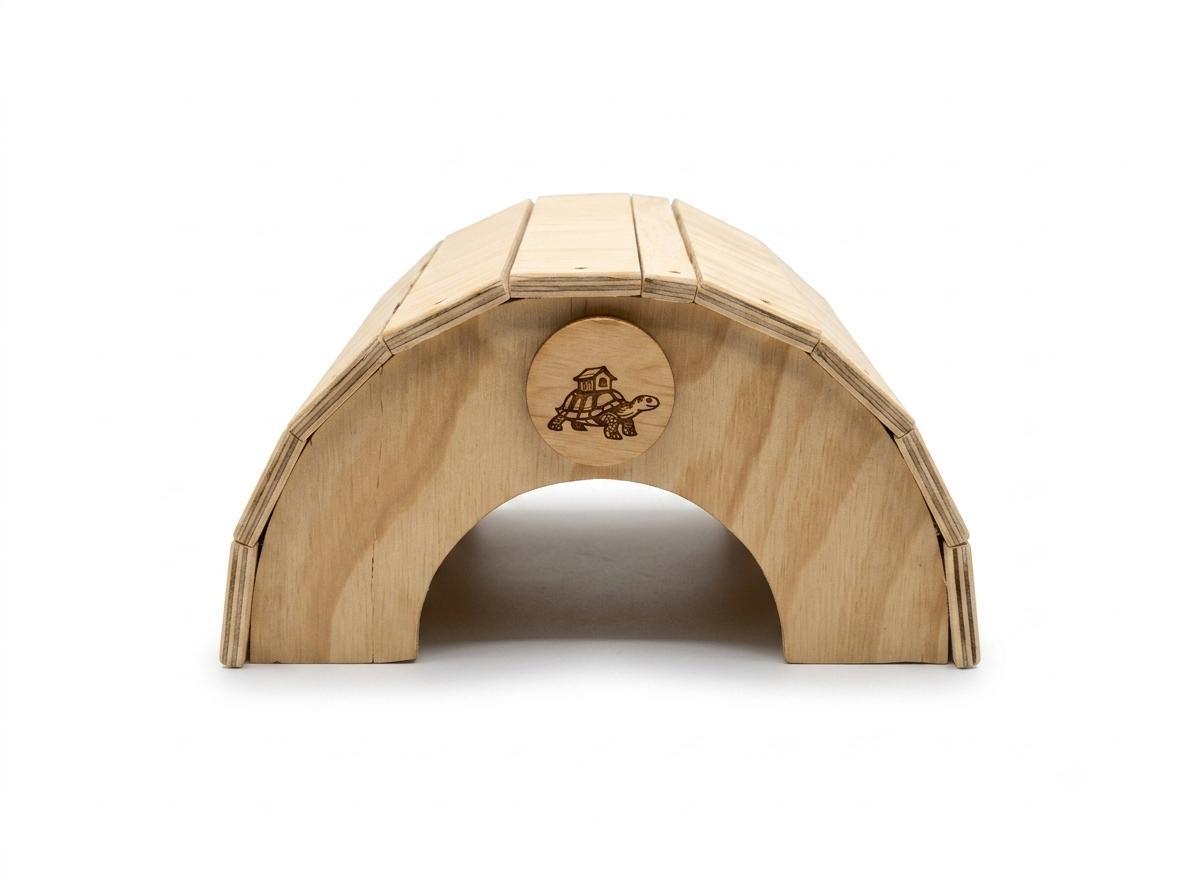 Casetta terrario per tartarughe di terra, anfibi, serpenti, rettili. In legno, di colore legno chiaro. Senza pavimento, a forma di cupola