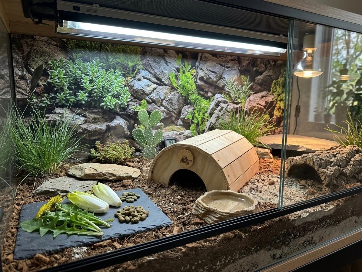 Casetta terrario per tartarughe di terra, anfibi, serpenti, rettili. In legno, di colore legno chiaro. Senza pavimento, a forma di cupola