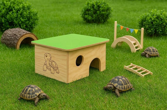 Terrario casetta in legno per tartarughe di terra. Senza fondo. Dimensioni: cm 40 x 30 x altezza cm 19