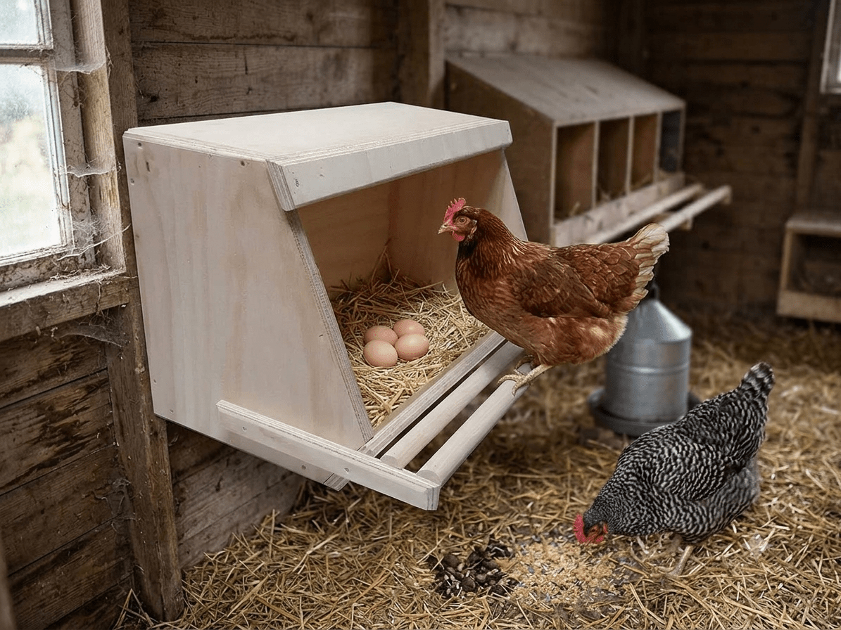 Nido per galline ovaiole realizzato in legno. Dotato di posatoio (trespolo) esterno. Dimensioni cm 60 x 30 x altezza cm 30.