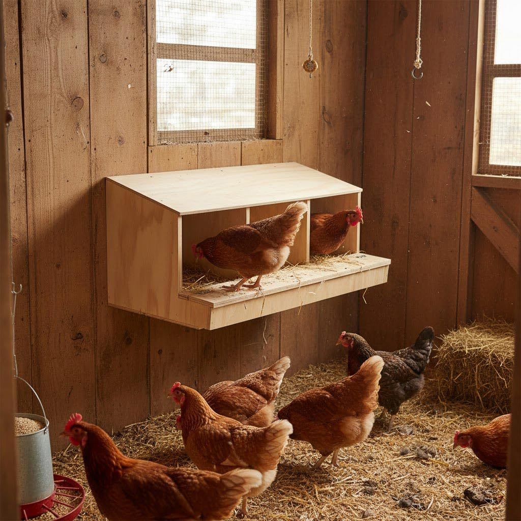 Nido triplo in legno per galline ovaiole. Dotato di cassetta per la raccolta delle uova con sportello apribile